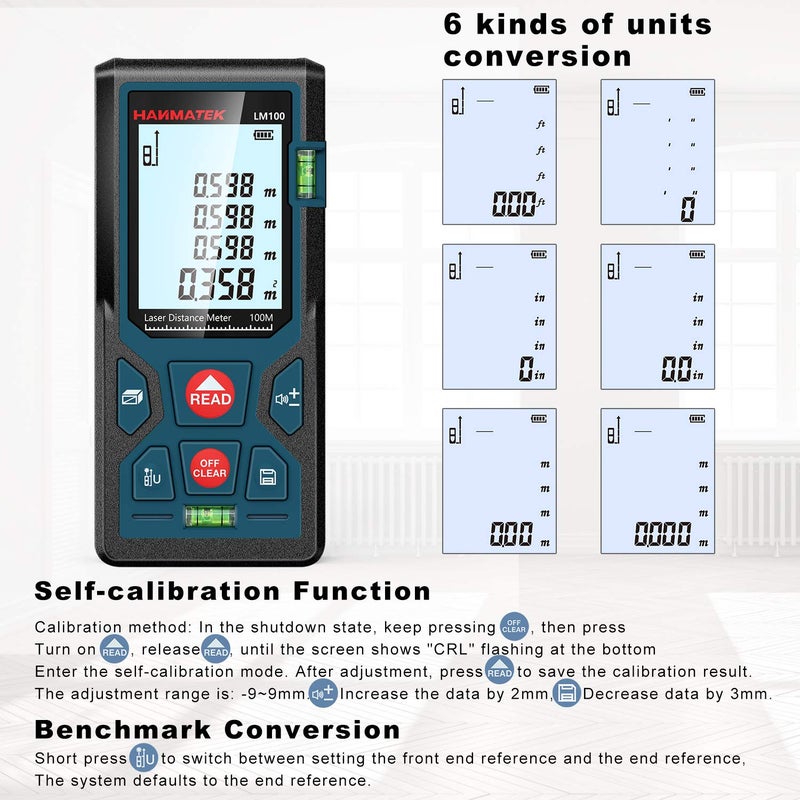HANMATEK 328ft/100m Laser Measure Ft/in/M Switching LM100 Laser Measurement Tool Devices with 2 Bubble Levels Distance Meter,Large Backlit LCD - Image 3